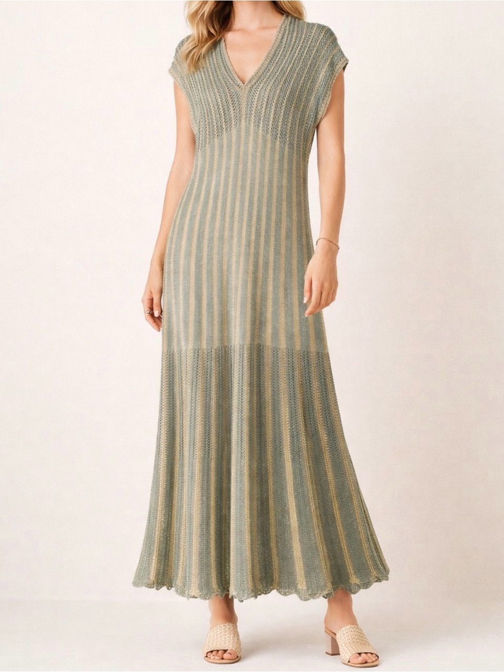 V-Neck Knit Maxi Dress in Sage and Beige